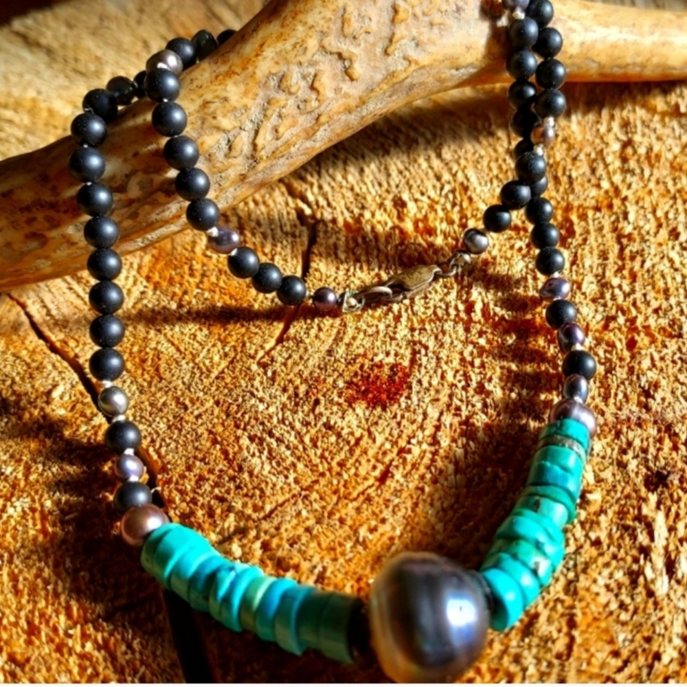 Tahitian pearl and turquoise heishi necklace